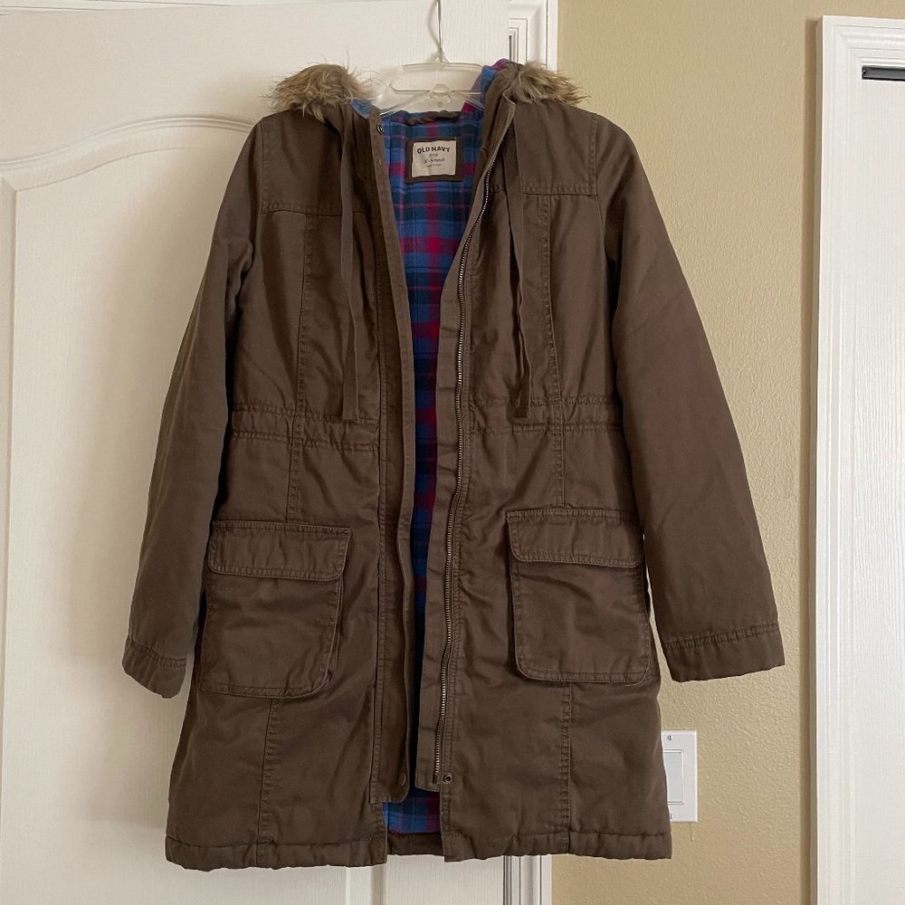 Old Navy Cotton Long Utility Coat with fur hood XS Brown
